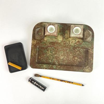 L155 Antique Marble & Granite Inkwell with Chinese Brush & Calligraphy Tool