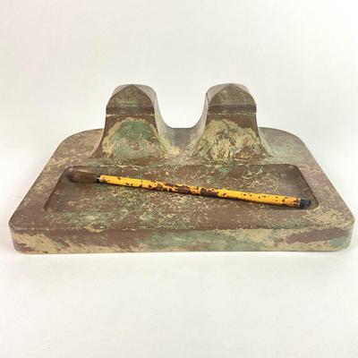 L155 Antique Marble & Granite Inkwell with Chinese Brush & Calligraphy Tool