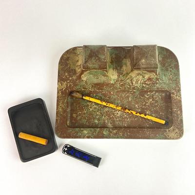 L155 Antique Marble & Granite Inkwell with Chinese Brush & Calligraphy Tool
