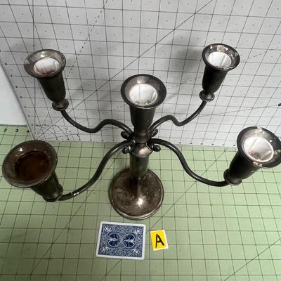 Sale Photo Thumbnail #23: Holds 5 standard taper candles and Likely silver-plated metal.