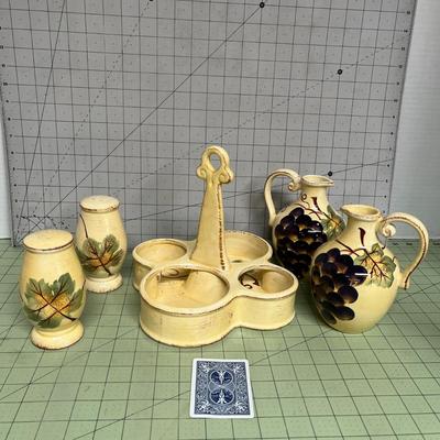 Sale Photo Thumbnail #63: Vino – Hand Painted Collection and Includes 2 handled cruets with cork stoppers, 2 shakers, 1 mustard pot with lid, 1 matching ceramic caddy.