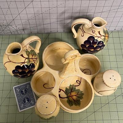 Sale Photo Thumbnail #66: Vino – Hand Painted Collection and Includes 2 handled cruets with cork stoppers, 2 shakers, 1 mustard pot with lid, 1 matching ceramic caddy.