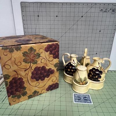 Sale Photo Thumbnail #61: Vino – Hand Painted Collection and Includes 2 handled cruets with cork stoppers, 2 shakers, 1 mustard pot with lid, 1 matching ceramic caddy.