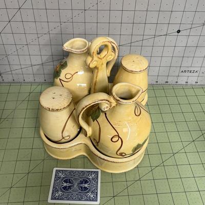 Sale Photo Thumbnail #62: Vino – Hand Painted Collection and Includes 2 handled cruets with cork stoppers, 2 shakers, 1 mustard pot with lid, 1 matching ceramic caddy.