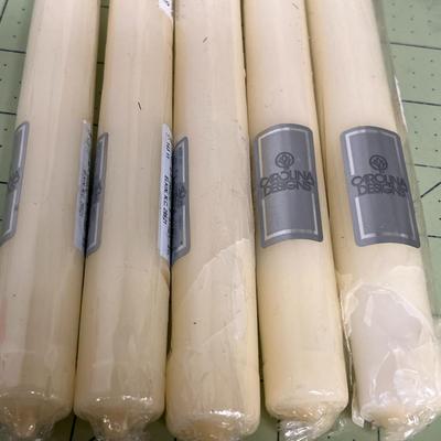 Sale Photo Thumbnail #87: The candelabra includes five tall ivory taper candles, each still wrapped in plastic with manufacturer labels intact.
