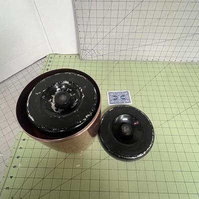 Sale Photo Thumbnail #95: Set of 3 copper-tone canister with glossy black plastic lids.