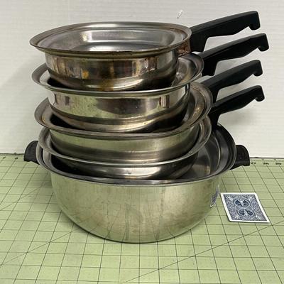 Sale Photo Thumbnail #122: Includes 4 covered pots/saucepans and 1 open frying pan/skillet