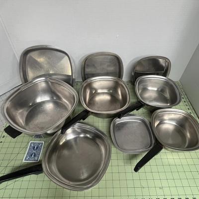 Sale Photo Thumbnail #121: Includes 4 covered pots/saucepans and 1 open frying pan/skillet