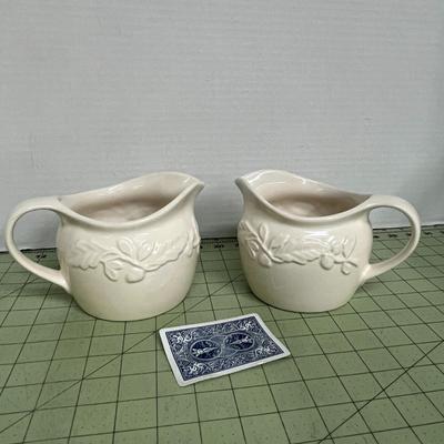 Sale Photo Thumbnail #168: Set of 2 Ceramic Pitchers with Embossed Olive Branch Design.