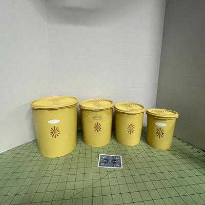 Sale Photo Thumbnail #179: Harvest Gold Canister Set – Daisy Lid Design and High-density polyethylene plastic.