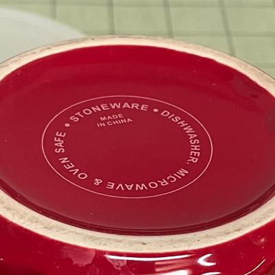 Sale Photo Thumbnail #291: Set Includes Red-and-White Plastic Mixing Bowl and Matching Red Handled Ceramic Storage Mug with Lid.