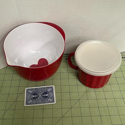 Sale Photo Thumbnail #289: Set Includes Red-and-White Plastic Mixing Bowl and Matching Red Handled Ceramic Storage Mug with Lid.