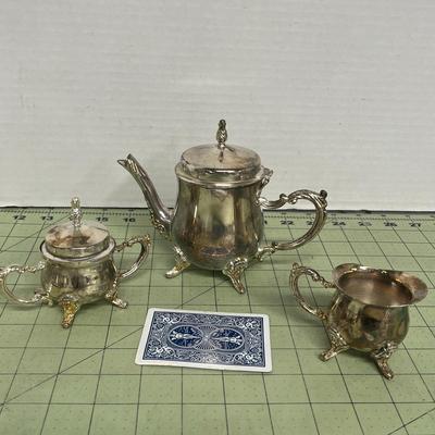 Sale Photo Thumbnail #348: Includes 1 Teapot with Hinged Lid, 1 Sugar Bowl with Matching Lid and 1 Creamer Pitcher.