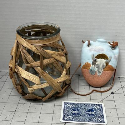 Sale Photo Thumbnail #502: Its Includes Rustic Glass Lantern Basket & Southwestern Wall Hanging Vase.