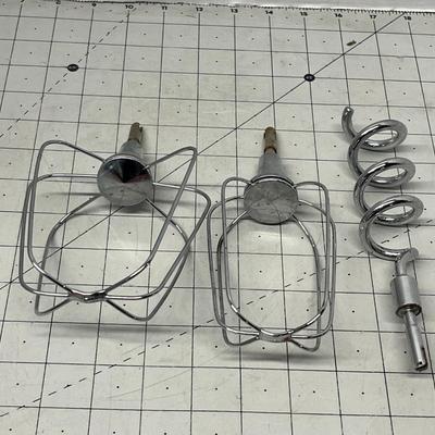 Sale Photo Thumbnail #578: 2 Chrome Wire Whisk Beaters and 1 Chrome Spiral Dough Hook.