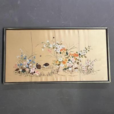 Sale Photo Thumbnail #623: Floral & Quail Scene on Gold Background.