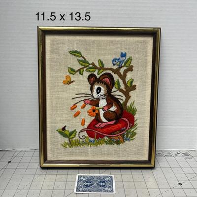 Sale Photo Thumbnail #722: Handmade framed needlework by MouseArt, vibrant colors and charming details.