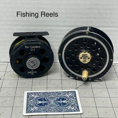Sale Photo Thumbnail #732: Two vintage fly fishing reels, durable aluminum, made in USA.