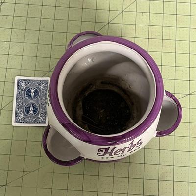 Sale Photo Thumbnail #775: Medium ceramic herb planter with drainage tray, purple trim accents.