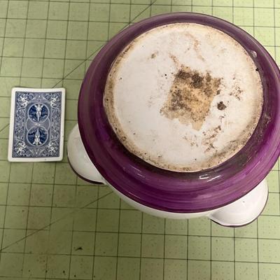 Sale Photo Thumbnail #776: Medium ceramic herb planter with drainage tray, purple trim accents.
