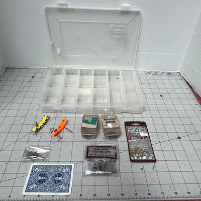 Sale Photo Thumbnail #778: Plano tackle box includes lures, hooks, swivels, sinkers, assorted sizes.