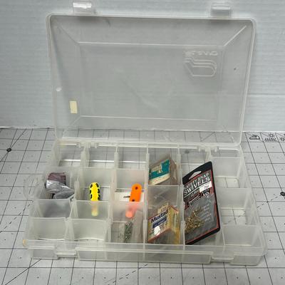 Sale Photo Thumbnail #781: Plano tackle box includes lures, hooks, swivels, sinkers, assorted sizes.