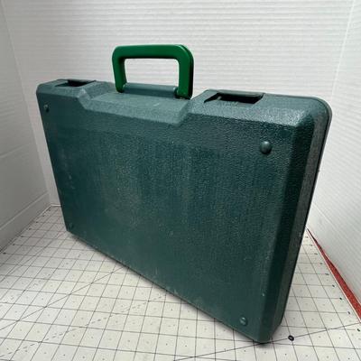 Sale Photo Thumbnail #891: Complete garden tool kit with wooden handles and green case.