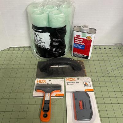 Sale Photo Thumbnail #896: Complete painting kit with sandpaper, rollers, scrapers, and lacquer thinner.