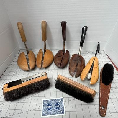 Sale Photo Thumbnail #913: Vintage Rochester wooden shoe trees, brushes, and leather care set.