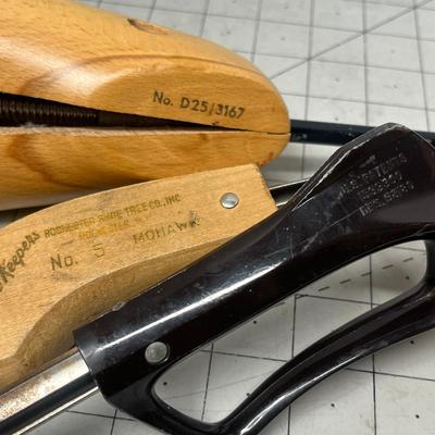 Sale Photo Thumbnail #916: Vintage Rochester wooden shoe trees, brushes, and leather care set.