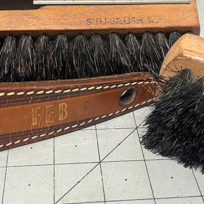 Sale Photo Thumbnail #918: Vintage Rochester wooden shoe trees, brushes, and leather care set.