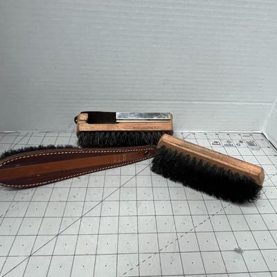 Sale Photo Thumbnail #917: Vintage Rochester wooden shoe trees, brushes, and leather care set.