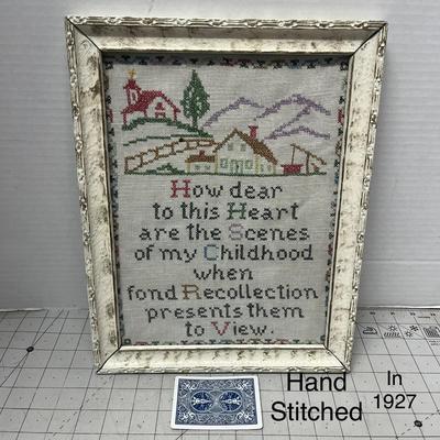 Sale Photo Thumbnail #950: Framed embroidery art, heartfelt quote, handmade, charming rustic decor piece.