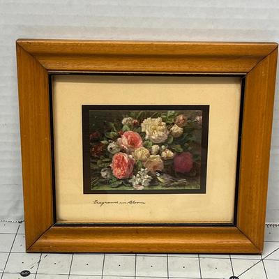 Sale Photo Thumbnail #966: Pair of vintage floral prints framed in natural wood.