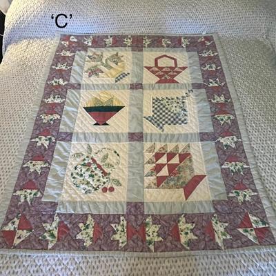 Sale Photo Thumbnail #1058: Handmade quilt with floral blocks and appliqué accents