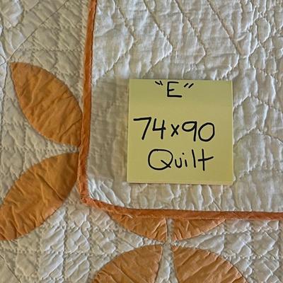 Sale Photo Thumbnail #1102: Hand-stitched quilt with peach appliqué flower design