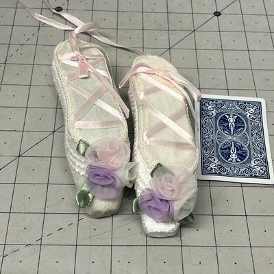 Sale Photo Thumbnail #1273: Decorative pink satin shoes with floral trim