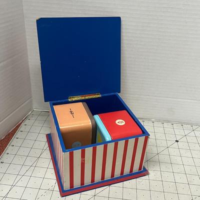 Sale Photo Thumbnail #1325: Striped wood box, 3 colorful metal tins