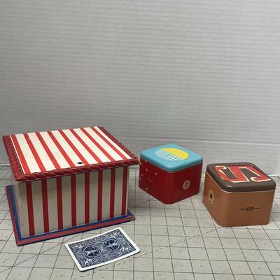 Sale Photo Thumbnail #1323: Striped wood box, 3 colorful metal tins