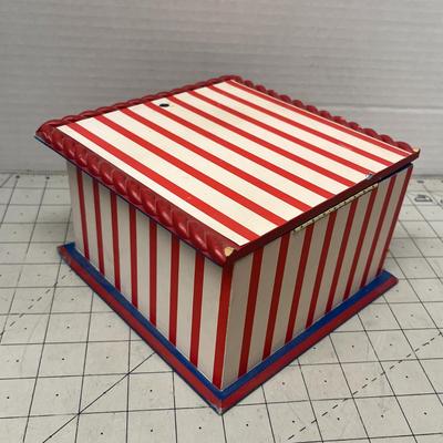Sale Photo Thumbnail #1326: Striped wood box, 3 colorful metal tins