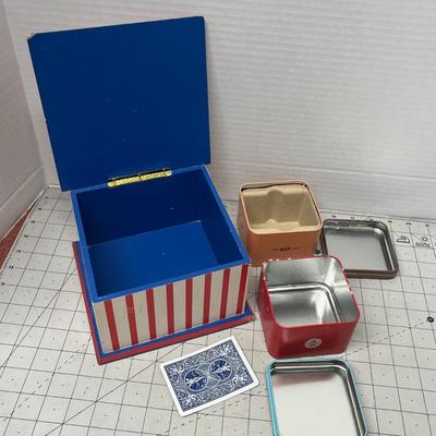 Sale Photo Thumbnail #1324: Striped wood box, 3 colorful metal tins