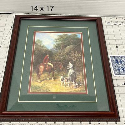 Sale Photo Thumbnail #1391: 14x17  Beautiful Frame with scene of horse, dogs, and couple