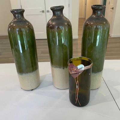 Green/Cream ceramic Vases and glass vase
