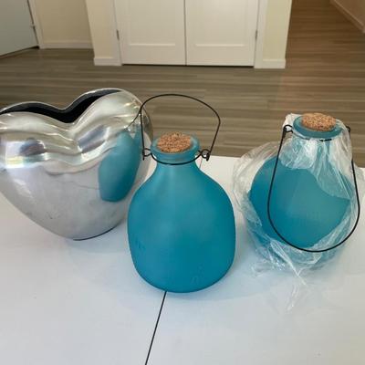 Heart Vase and 2 turquoise Glass Hanging Wasp Traps