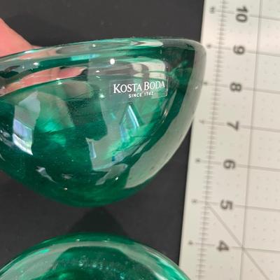 2 Kosta Boda Green Swirl Glass Votives