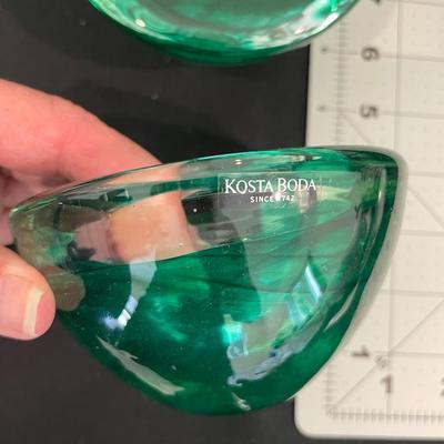 2 Kosta Boda Green Swirl Glass Votives