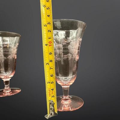 Set of 6 Pink Depression Glass Etched Floral Footed Glasses