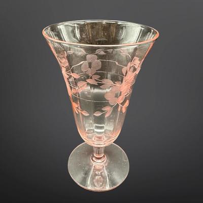 Set of 6 Pink Depression Glass Etched Floral Footed Glasses