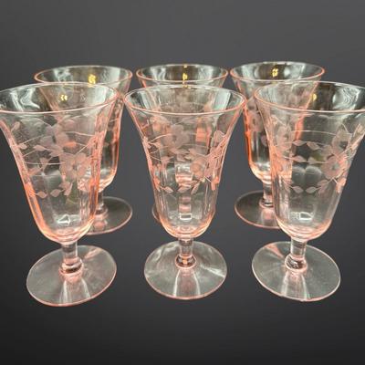Set of 6 Pink Depression Glass Etched Floral Footed Glasses