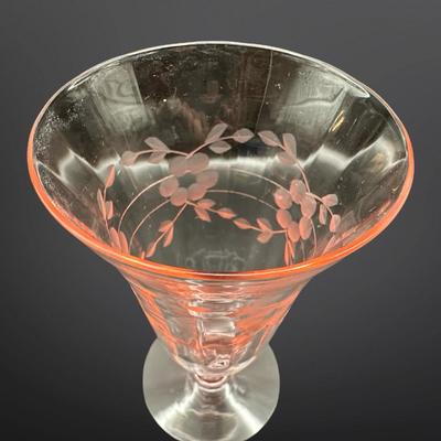 Set of 6 Pink Depression Glass Etched Floral Footed Glasses